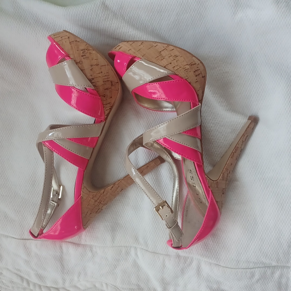 Guess pink wooden tan heels great condition. 6 1/2